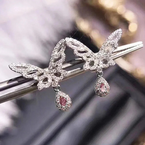 🍁Hollow Design Tear Drop Pink Butterfly Wings Earrings, MLNN1082 - Picture 3 of 4